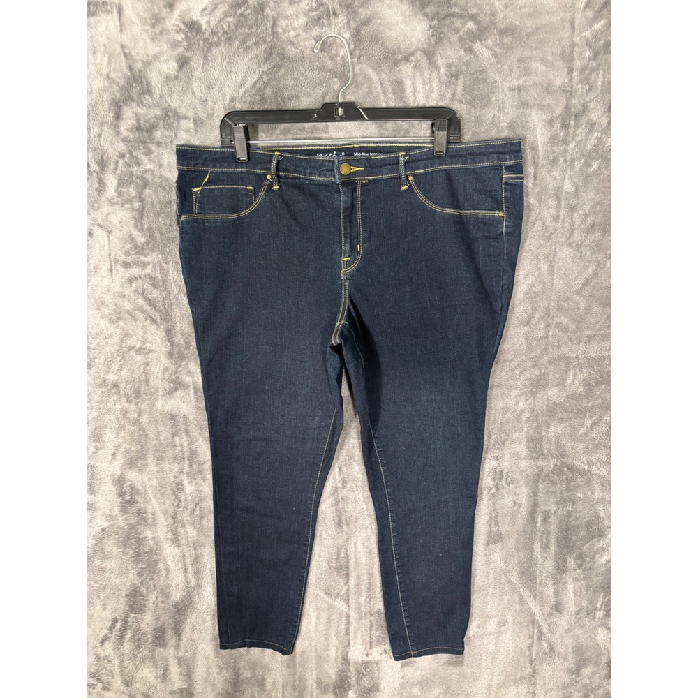 Dark Wash Mid-Rise Jeggings Slim Fit Denim Pants Blue Gold Stitching